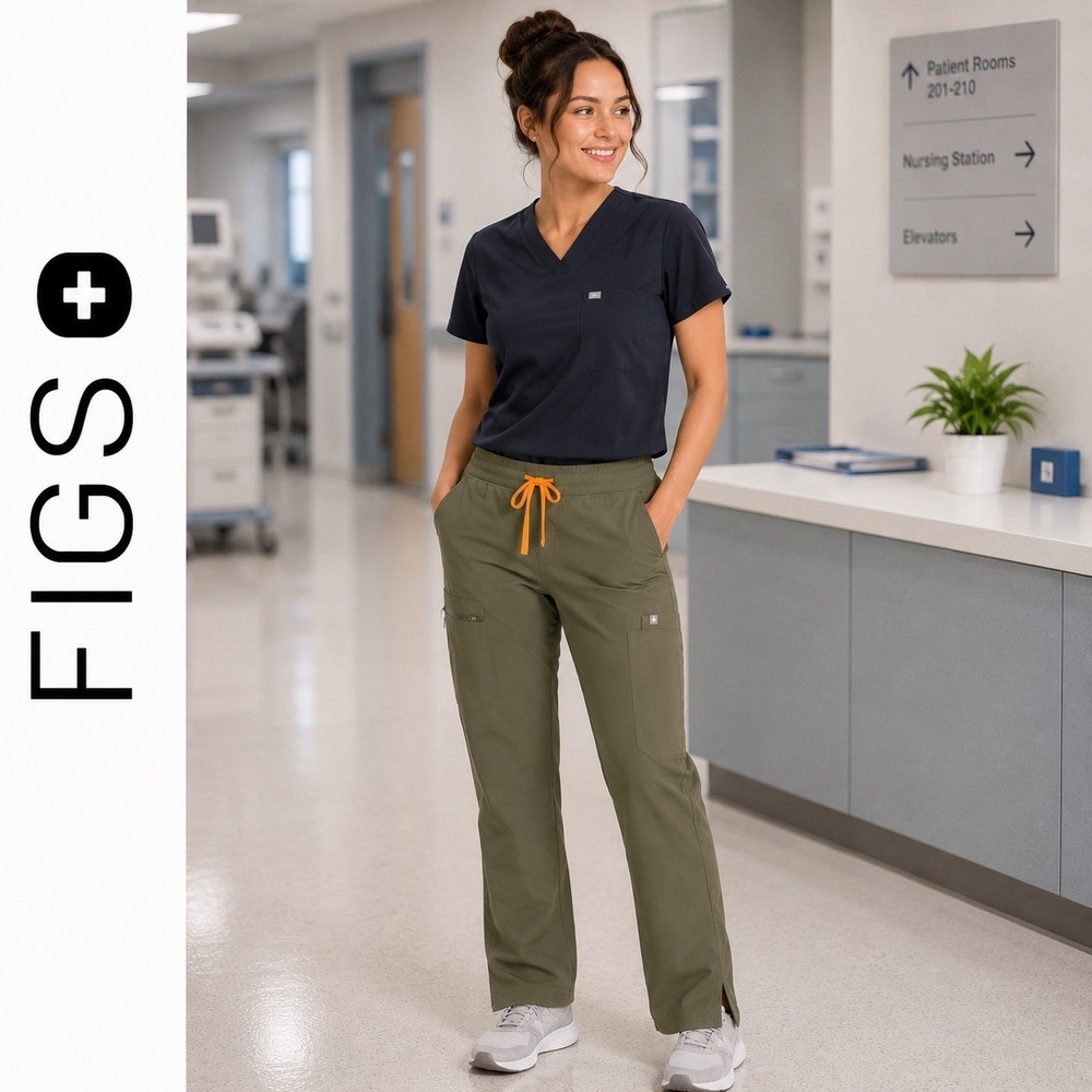 Figs Olive Green Scrub Pants with Orange Drawstring